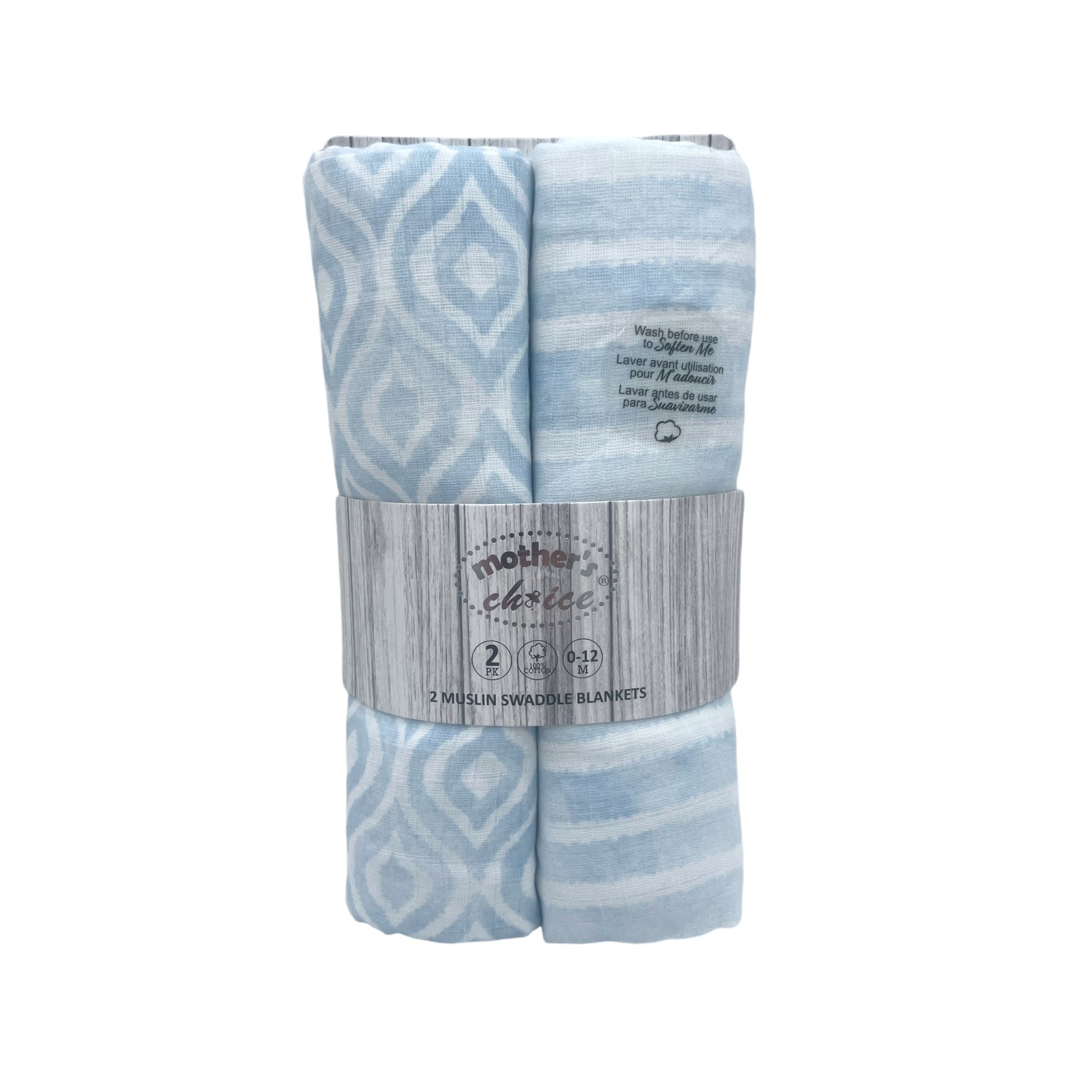 Two baby swaddle blankets with a geometric pattern, wrapped together with a label on a white background.