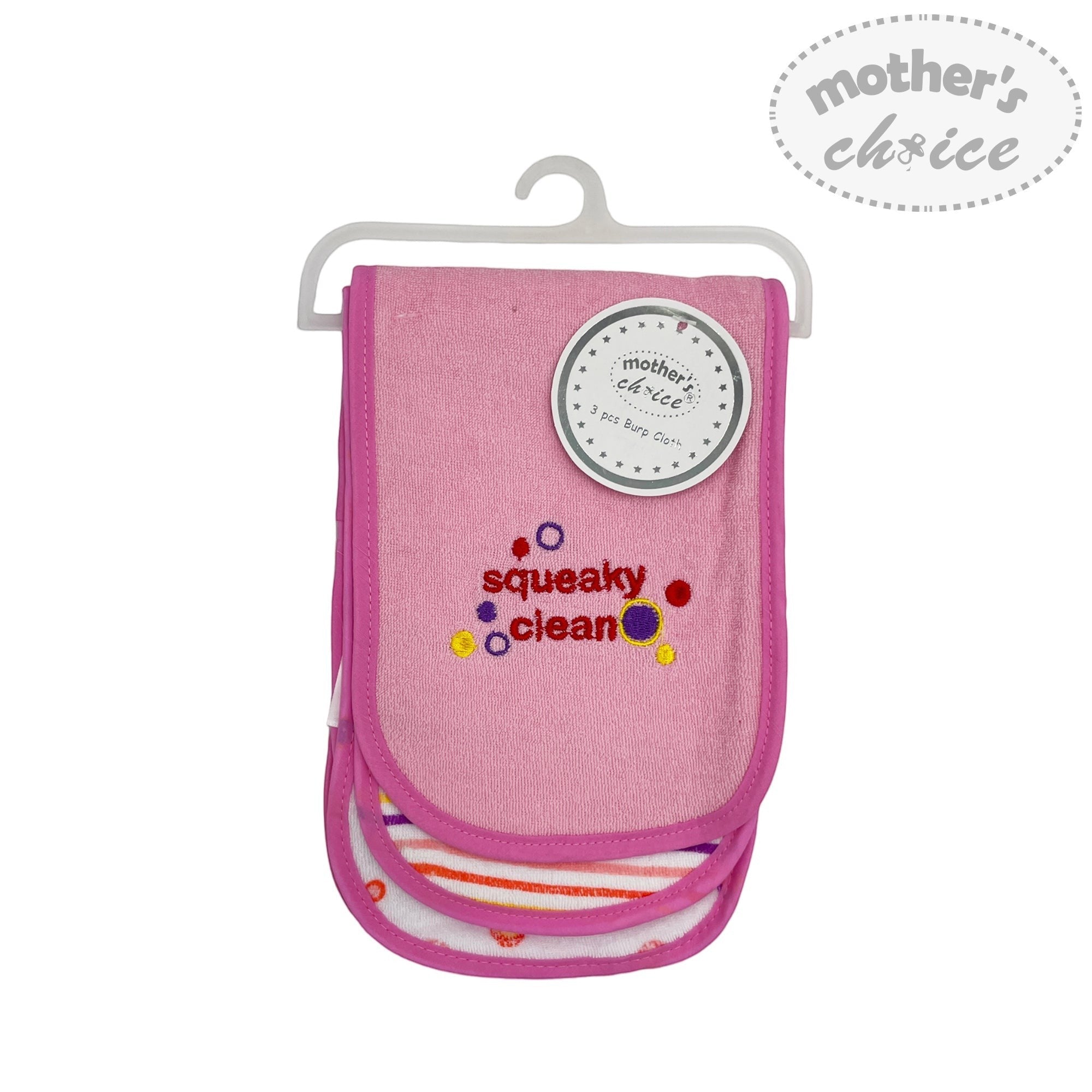 Pink baby bib with 'squeaky clean' text on a white background, featuring 'mother's choice' branding.