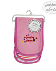 Pink baby bib with 'squeaky clean' text on a white background, featuring 'mother's choice' branding.