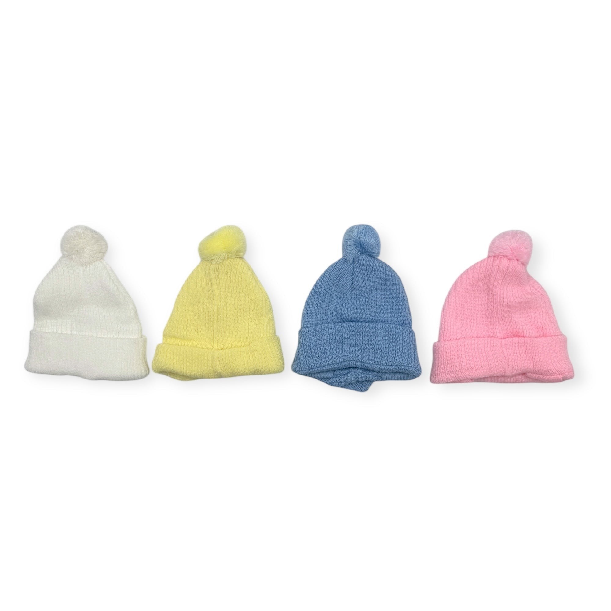Four colorful knit baby hats with pom-poms on a white background