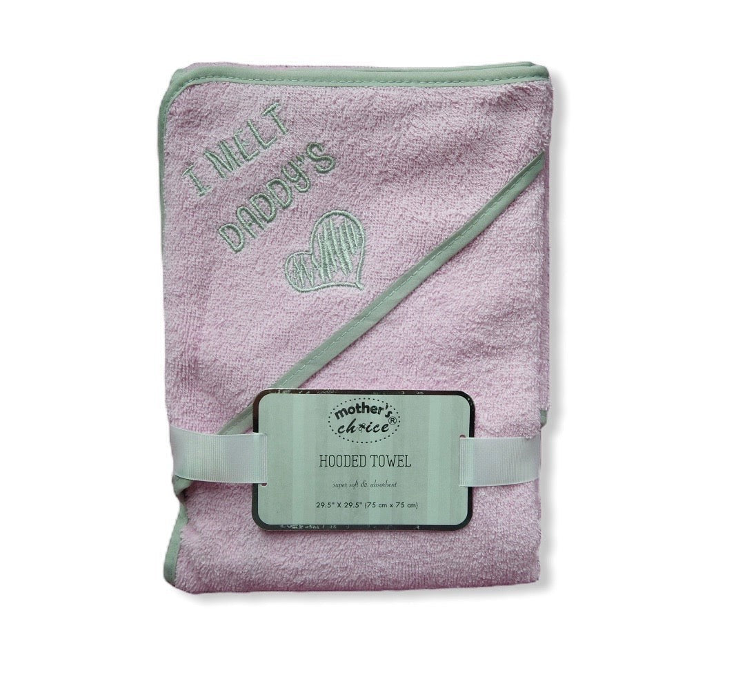 Folded hooded towel with 'I love daddy' text and heart design, branded 'mother's choice', on a white background.