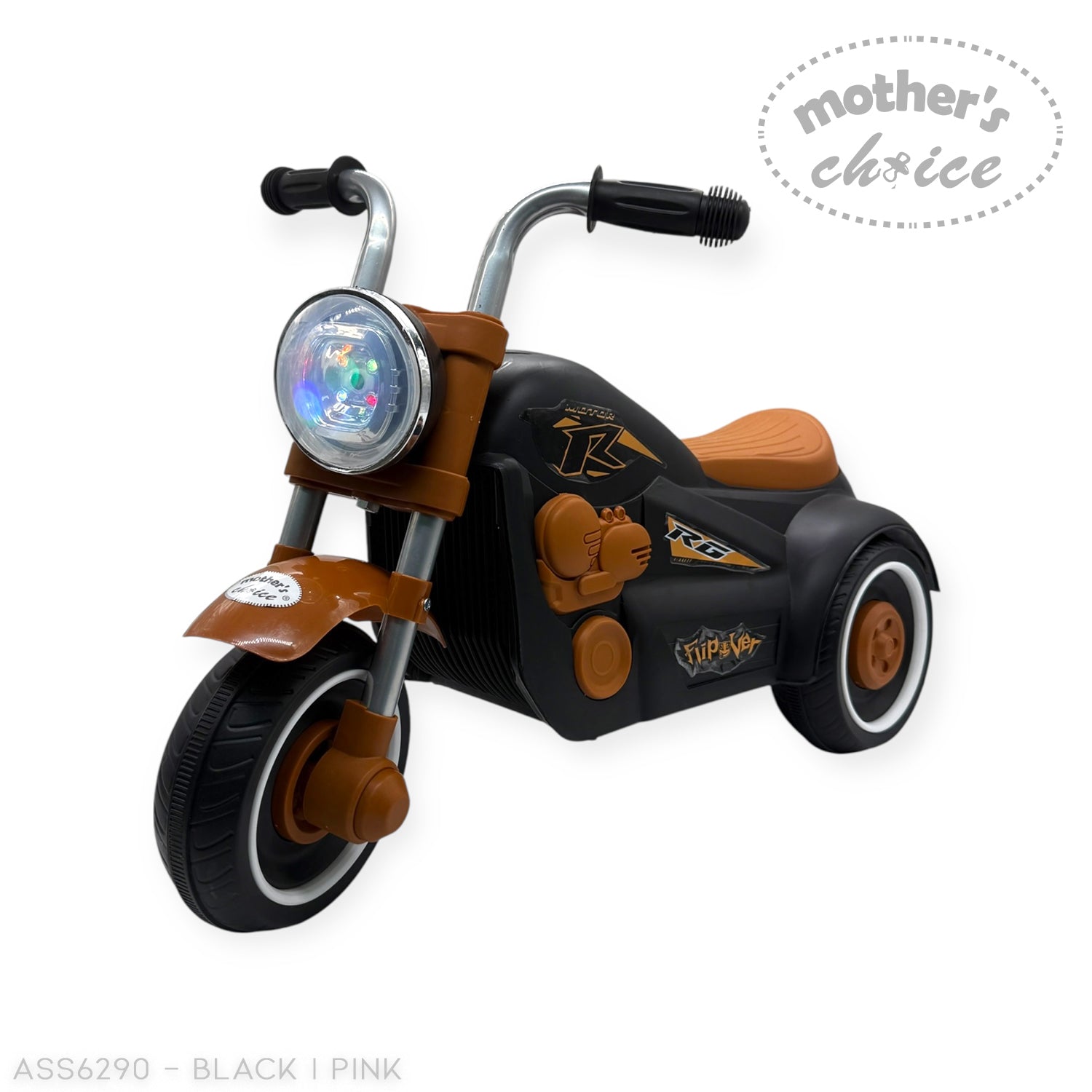Black and pink toy tricycles with 'Mother's Choice' label on a white background