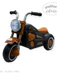 Black and pink toy tricycles with 'Mother's Choice' label on a white background
