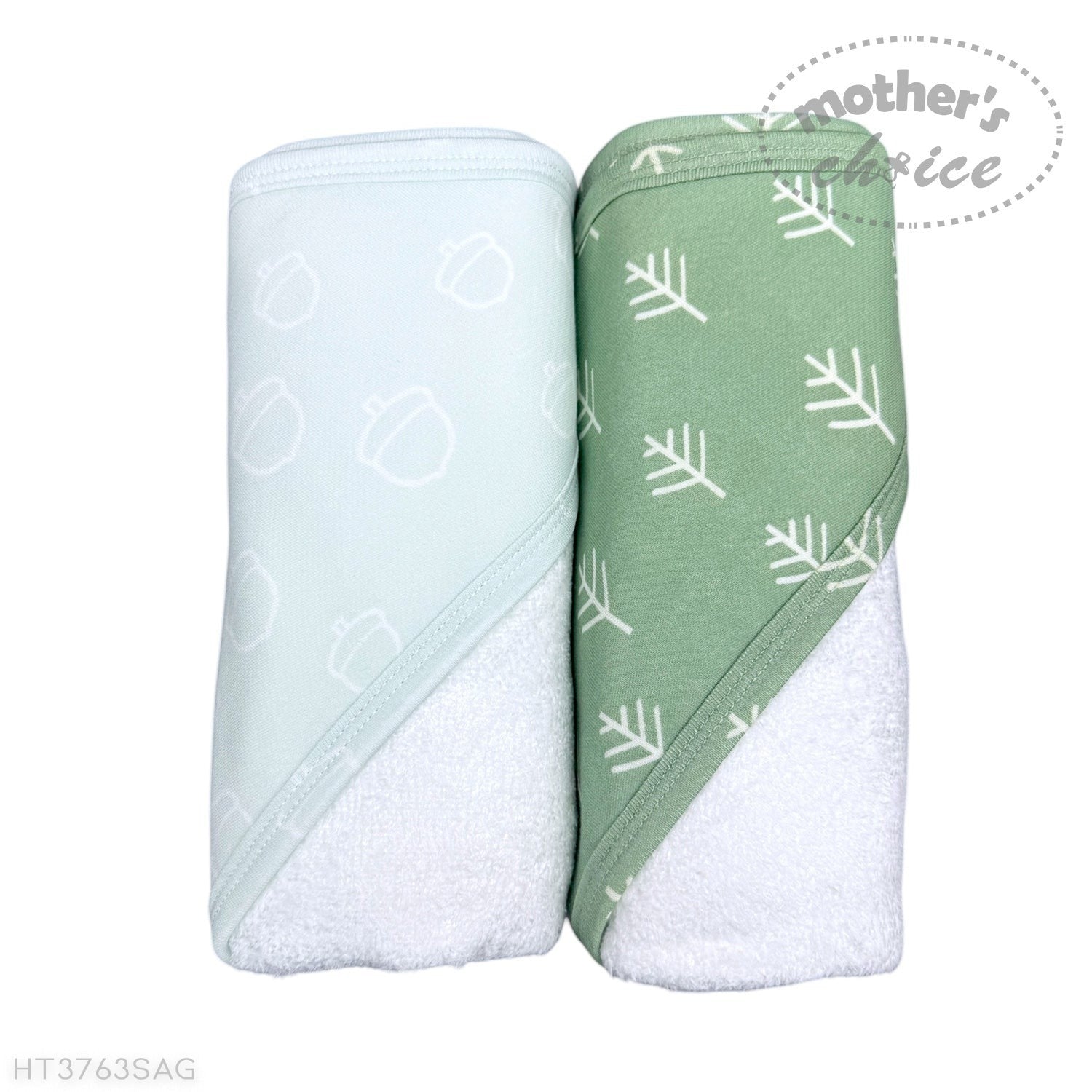 Two baby blankets, one light blue and one green with white leaf patterns, on a white background.