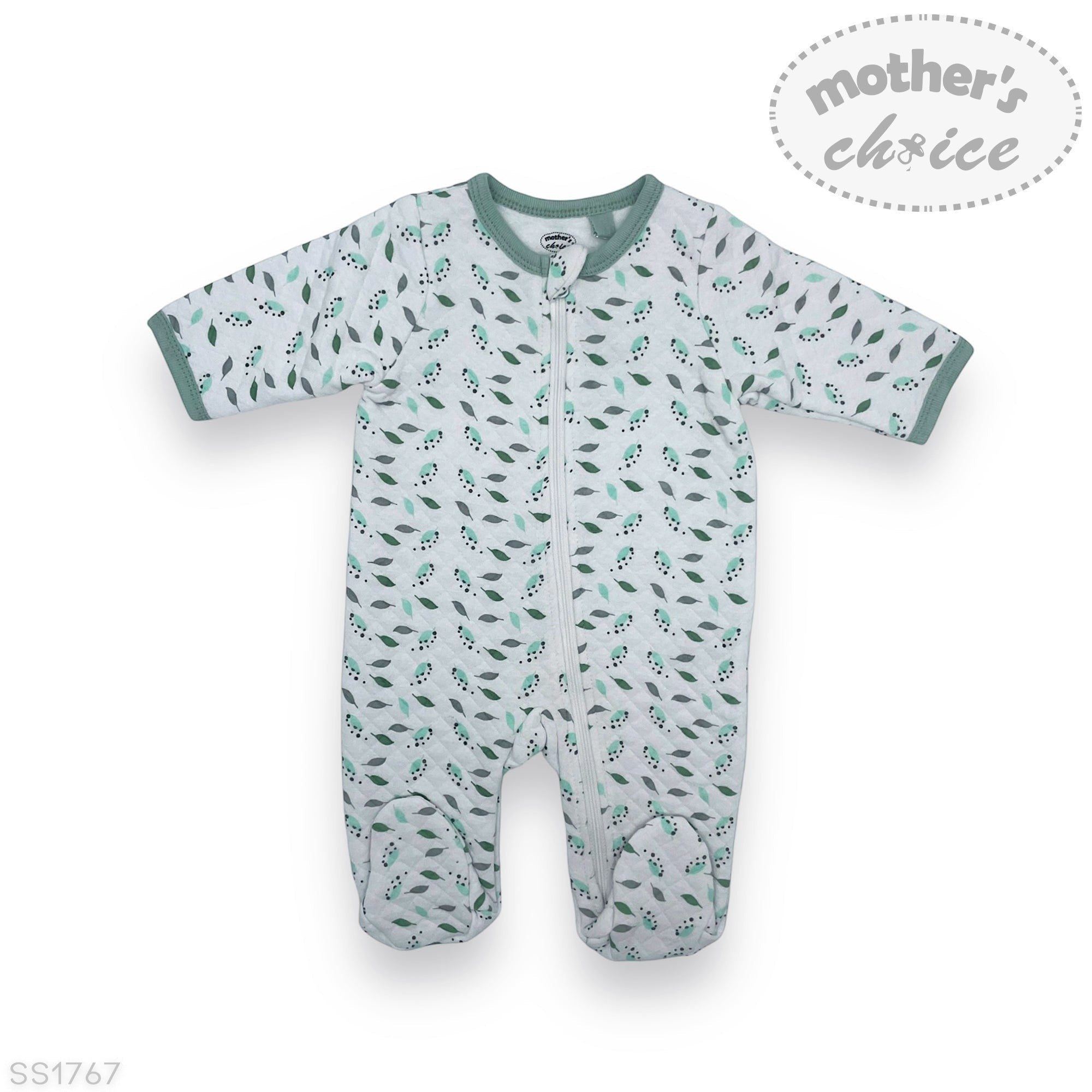 Baby onesie with green leaf pattern on a white background, featuring 'Mother's Choice' branding.