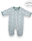 Baby onesie with green leaf pattern on a white background, featuring 'Mother's Choice' branding.