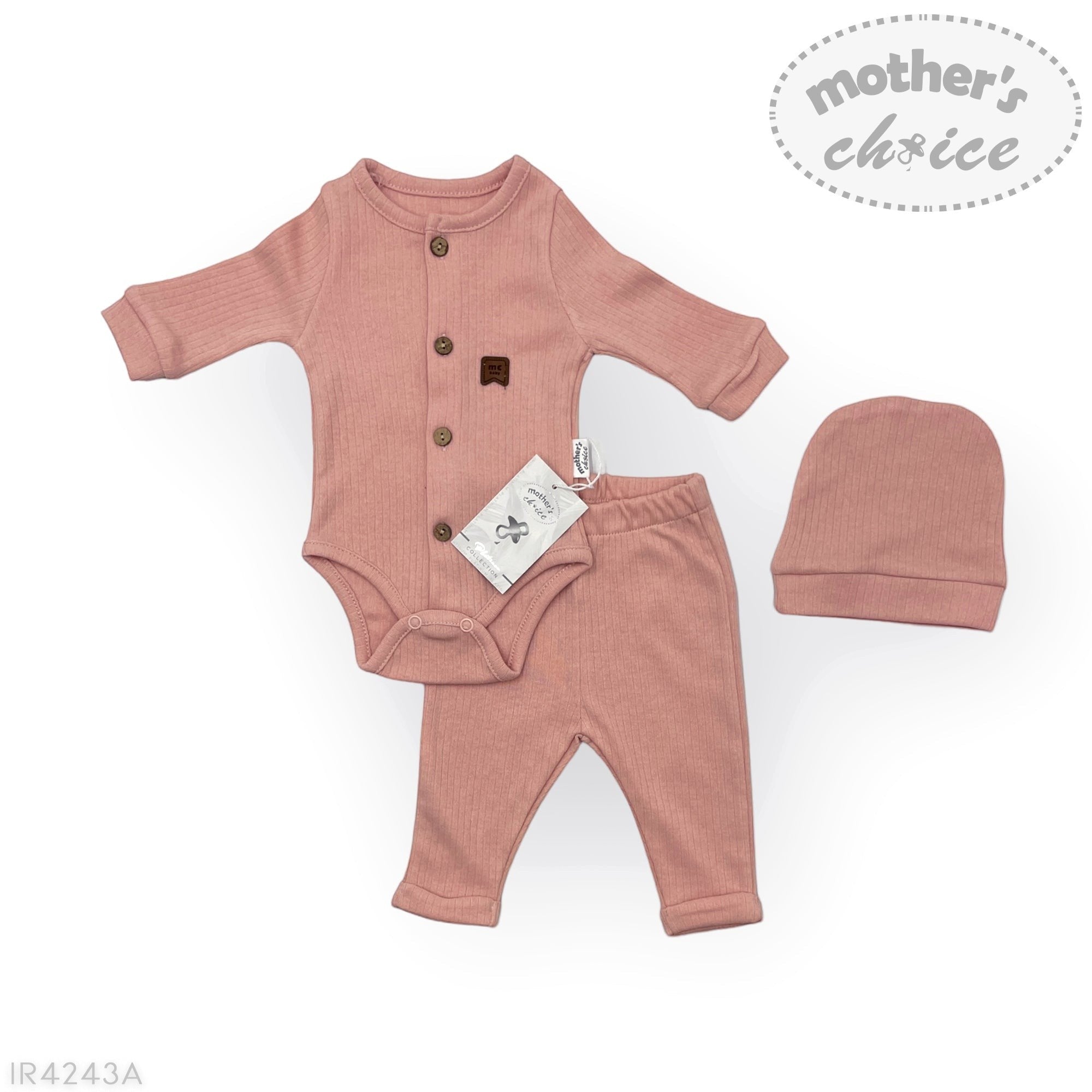 Baby outfit set with pink romper, pants, and hat on a white background with 'Mother's Choice' branding.