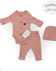 Baby outfit set with pink romper, pants, and hat on a white background with 'Mother's Choice' branding.