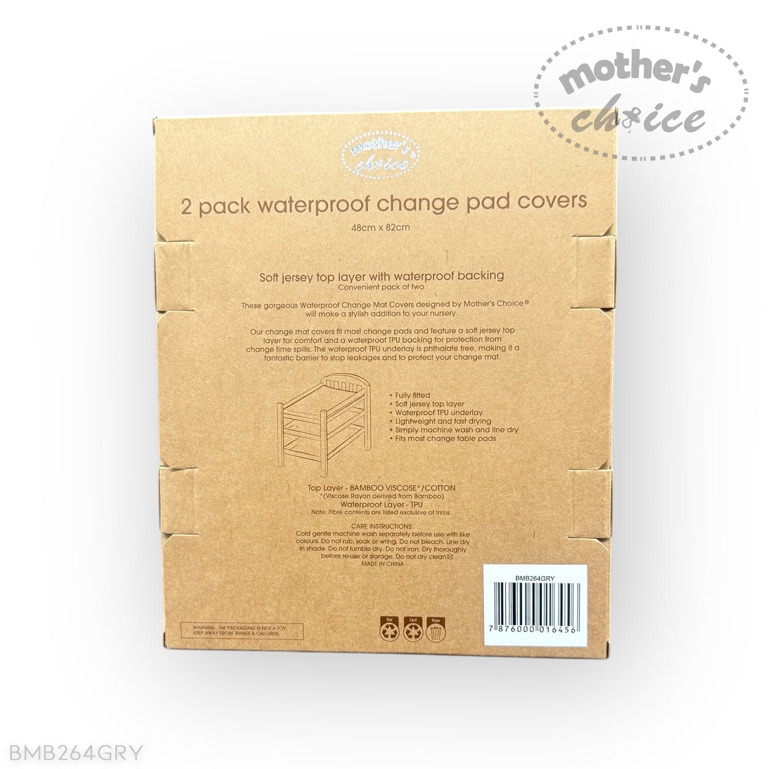 Cardboard box packaging for 2-pack waterproof change pad covers with 'Mother's Choice' branding.