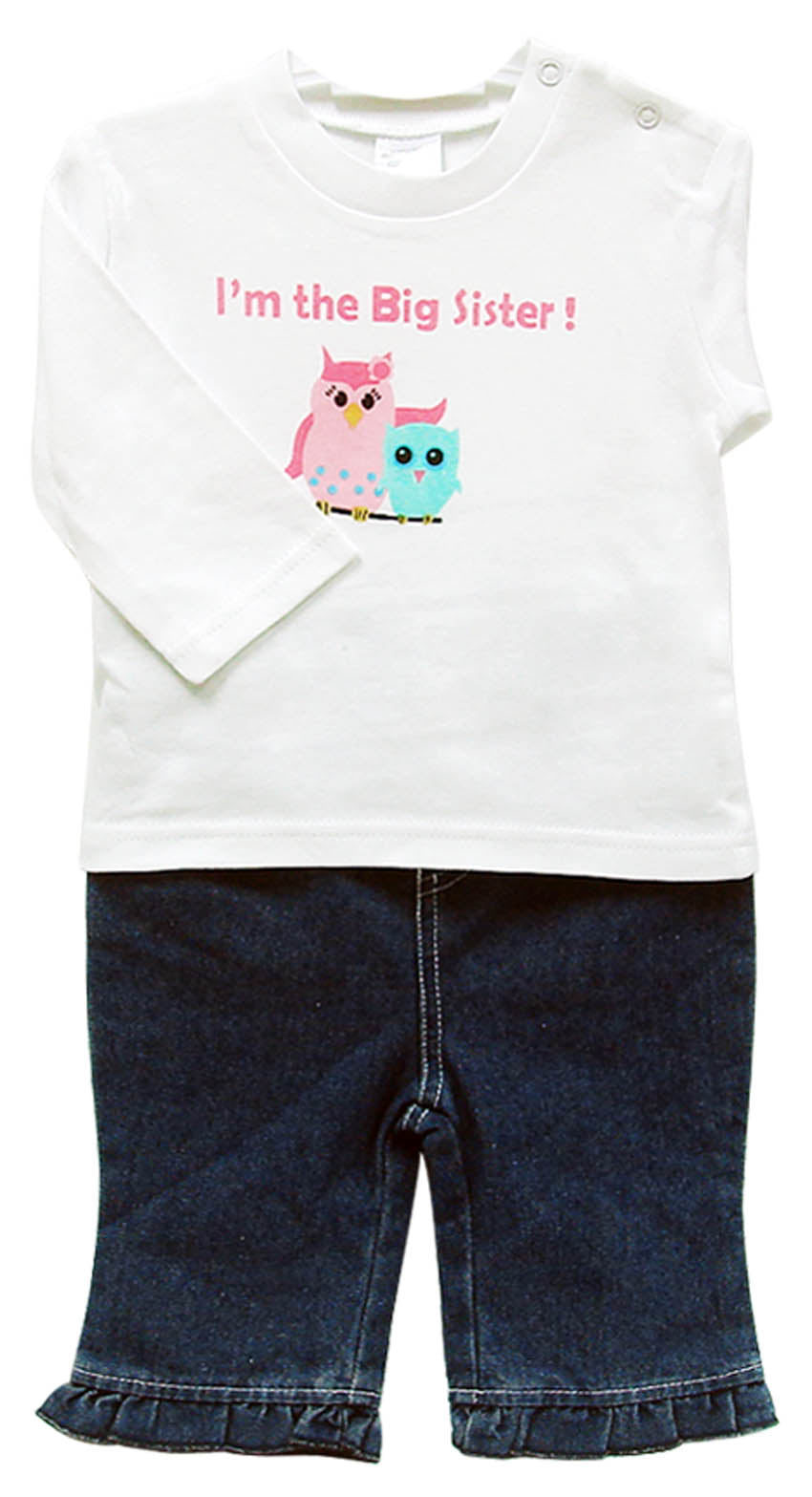 White sleeveless top with owl design and 'I'm the Big Sister!' text, paired with blue jeans on a white background.