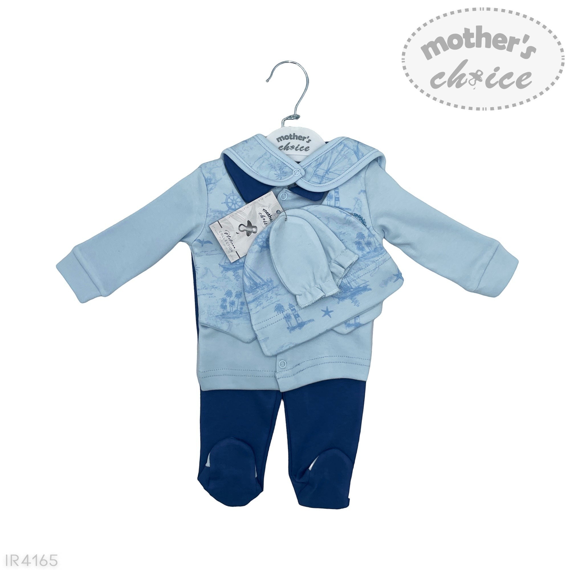 Baby blue outfit with matching hat and pants on a hanger, branded 'Mother's Choice'.