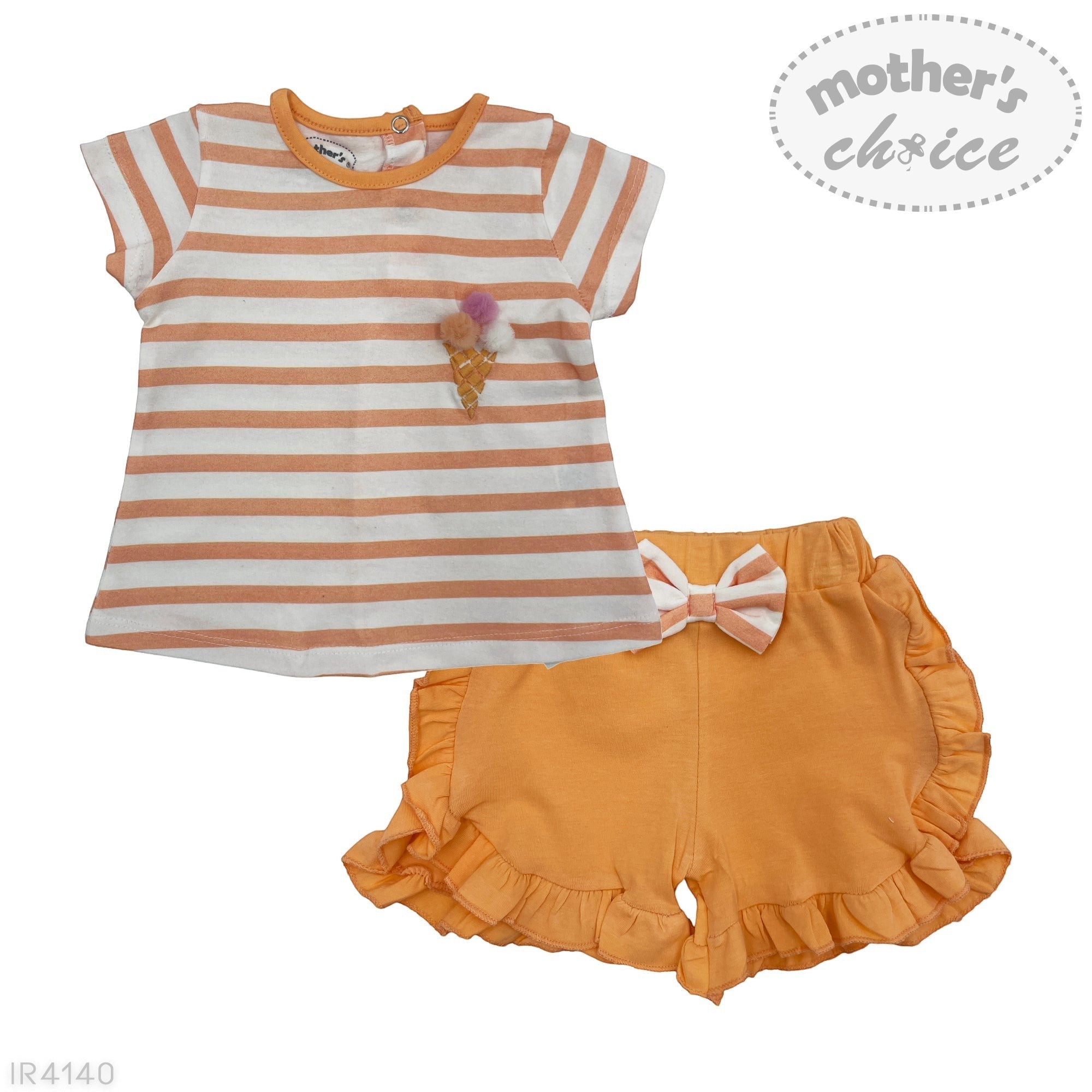 Children's outfit with striped shirt and orange bloomers on a white background, featuring 'mother's choice' branding.
