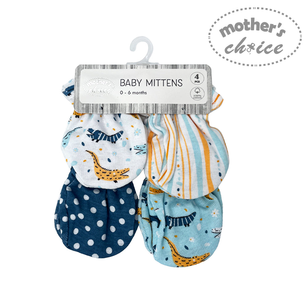 Set of baby mittens with animal patterns on a 'Mother's Choice' branded card.