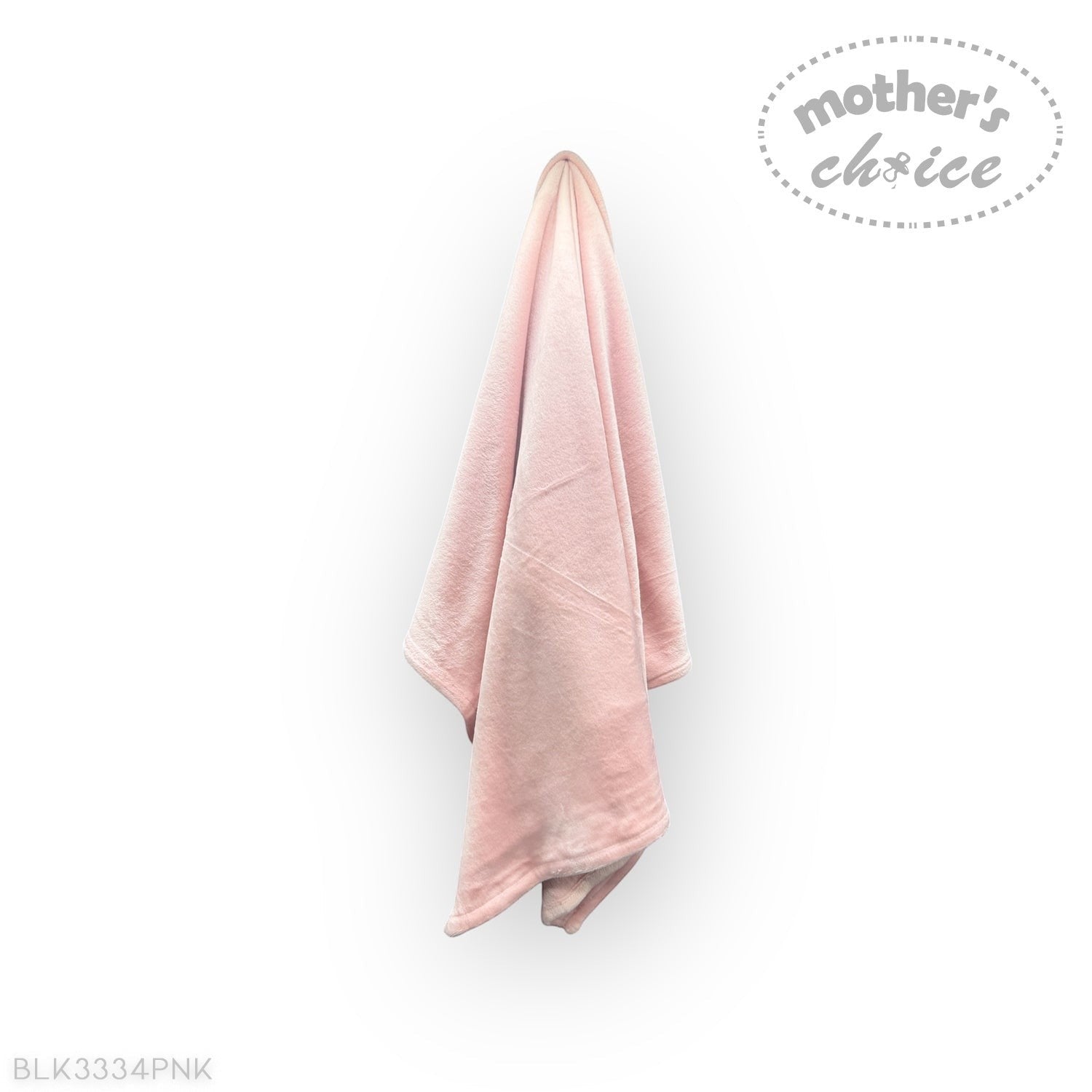 Pink towel hanging on a white wall with 'mother's choice' branding.