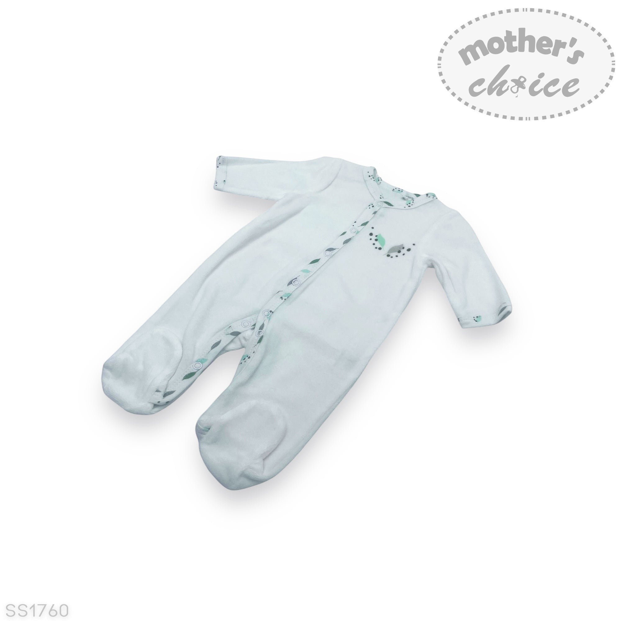 Baby onesie with long sleeves and feet on a white background, branded 'Mother's Choice'.