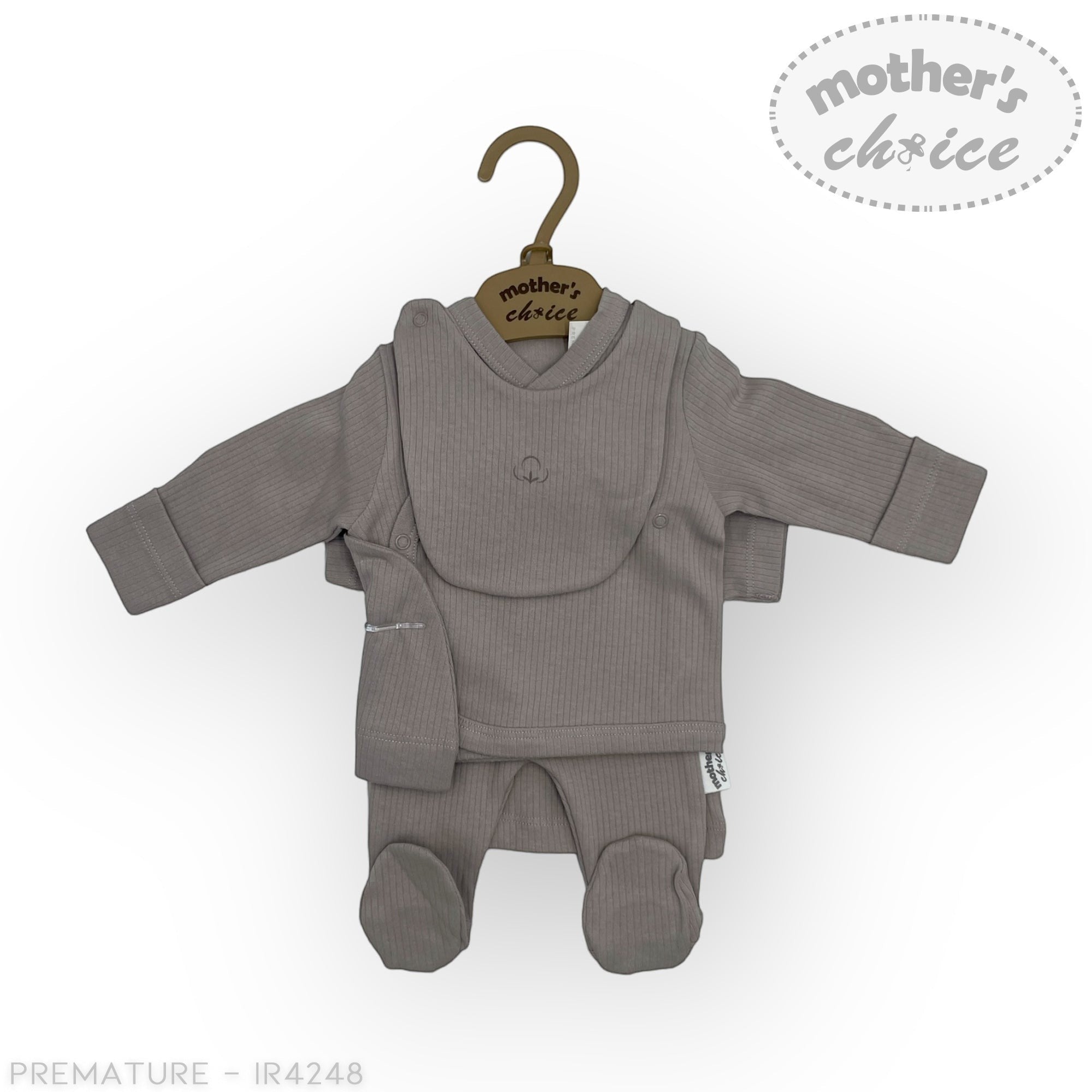 Gray baby outfit on a hanger with 'Mother's Choice' label on a white background