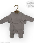 Gray baby outfit on a hanger with 'Mother's Choice' label on a white background