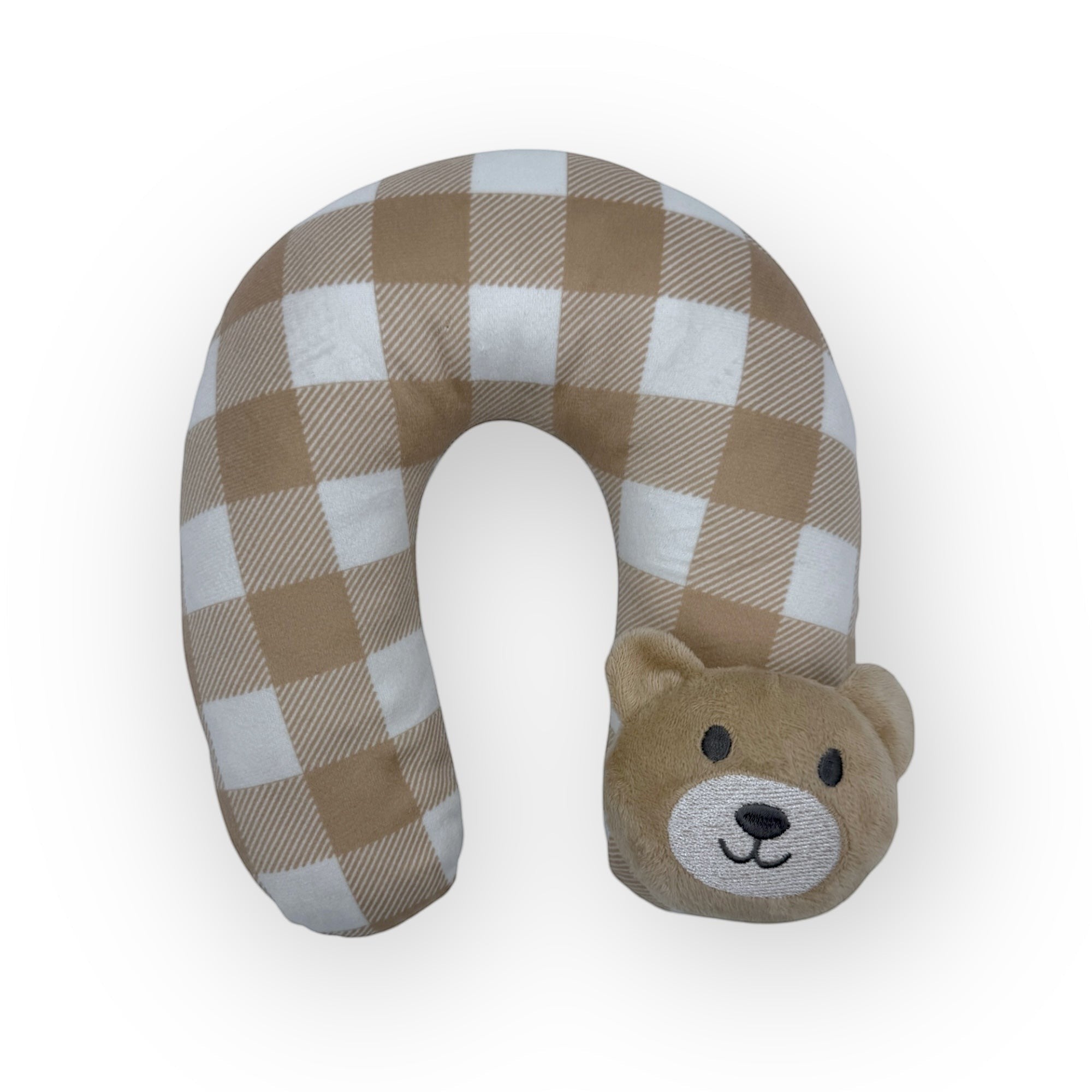 Plaid patterned neck pillow with bear face design on a white background