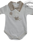 Gray baby onesie with a bunny design and collar, branded 'Mother's Choice'.