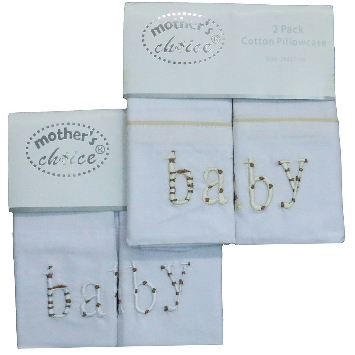 Two baby blue pillowcases with 'baby' embroidery and packaging labeled 'mother's choice' on a white background.