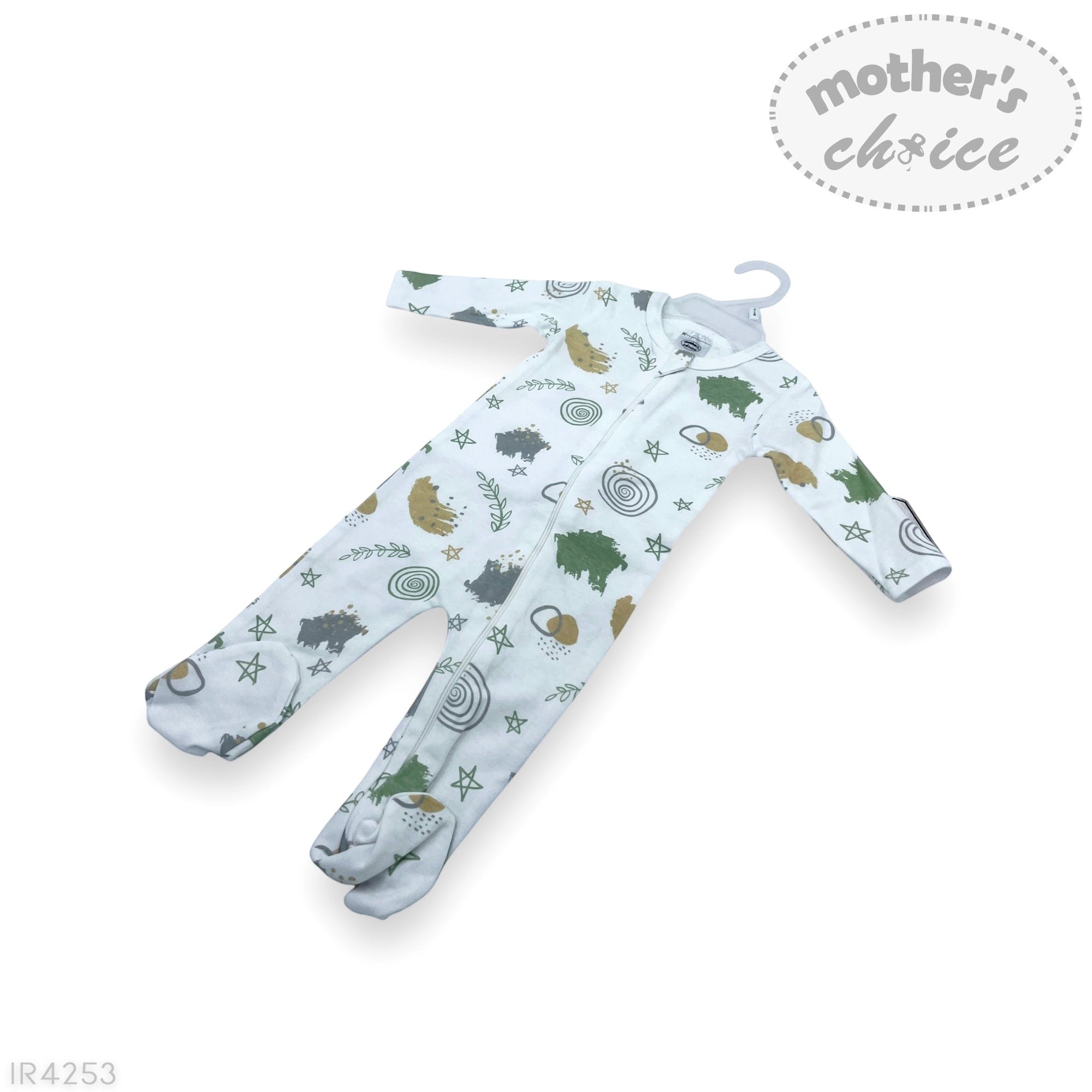 Baby romper with nature-themed print on a white background, featuring 'Mother's Choice' branding.