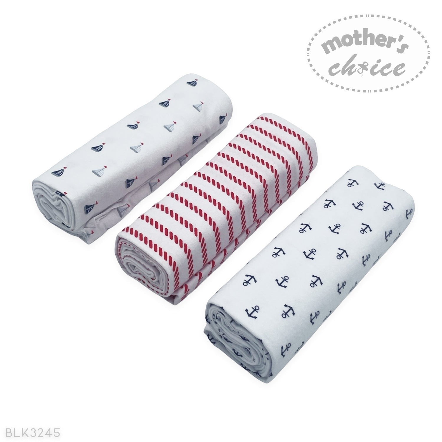 Three rolls of fabric with different patterns on a white background, featuring the brand 'Mother's Choice'.