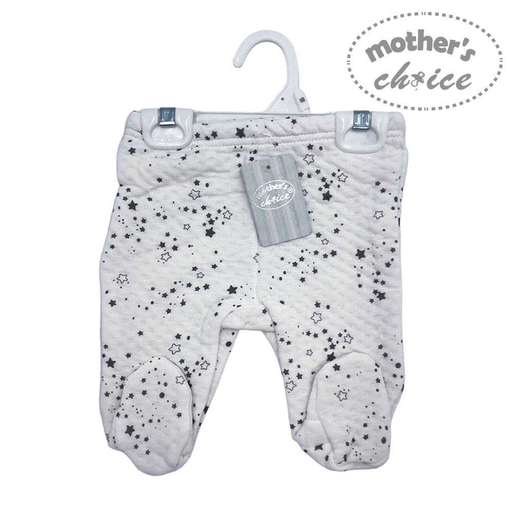 Baby footed pants with star pattern on a hanger, branded 'Mother's Choice'.