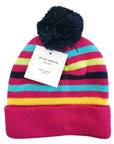 Colorful striped beanie with a pom-pom on a white background