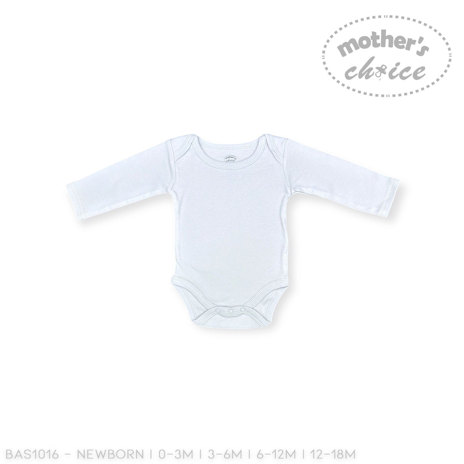 White baby bodysuit with long sleeves on a white background, featuring 'Mother's Choice' branding.