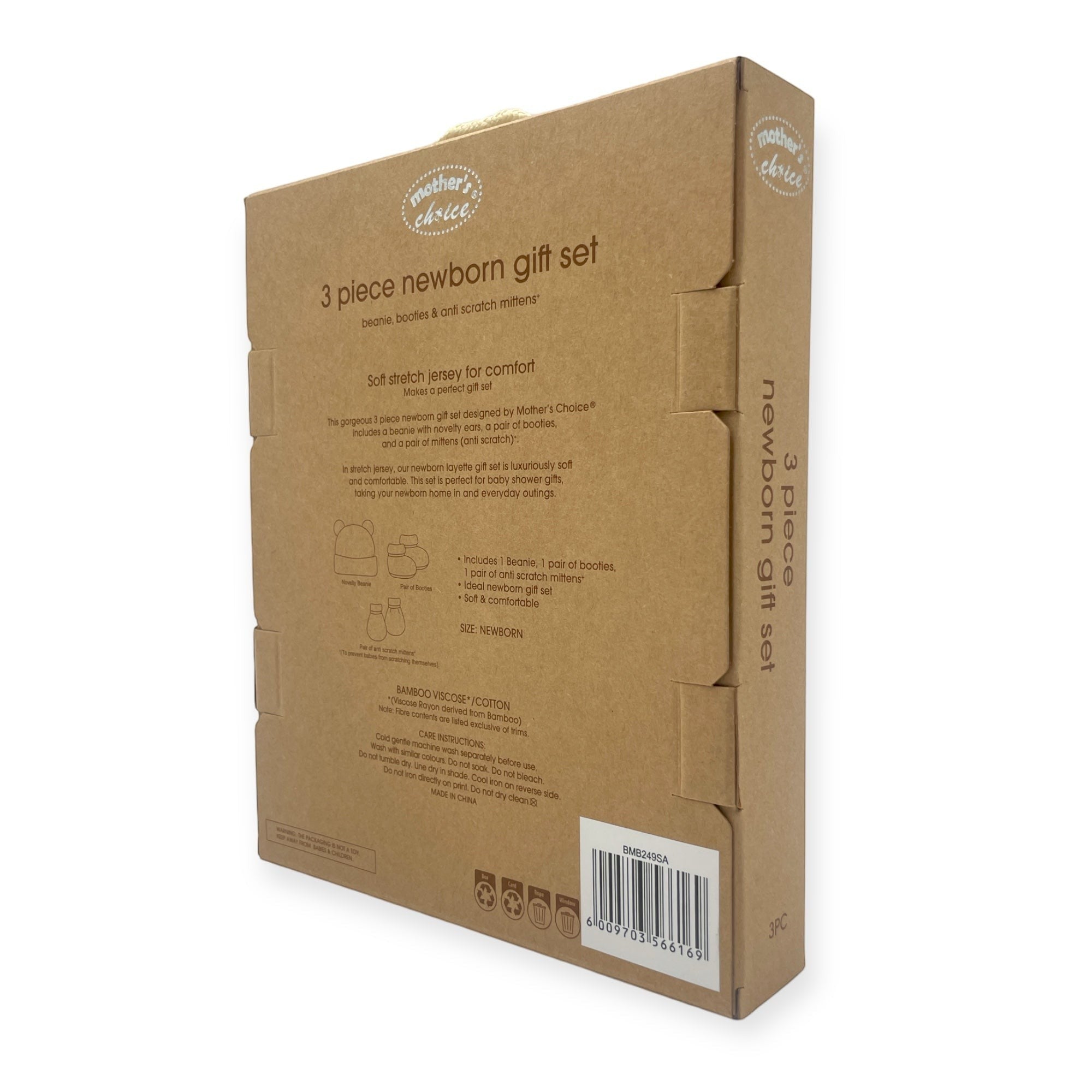Brown cardboard box packaging for a 3-piece newborn gift set on a white background