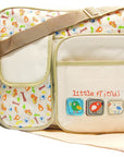 Stork And Baby beige diaper bag with a playful 'Little Friends' bird and tree print, featuring multiple pockets and a matching bottle holder