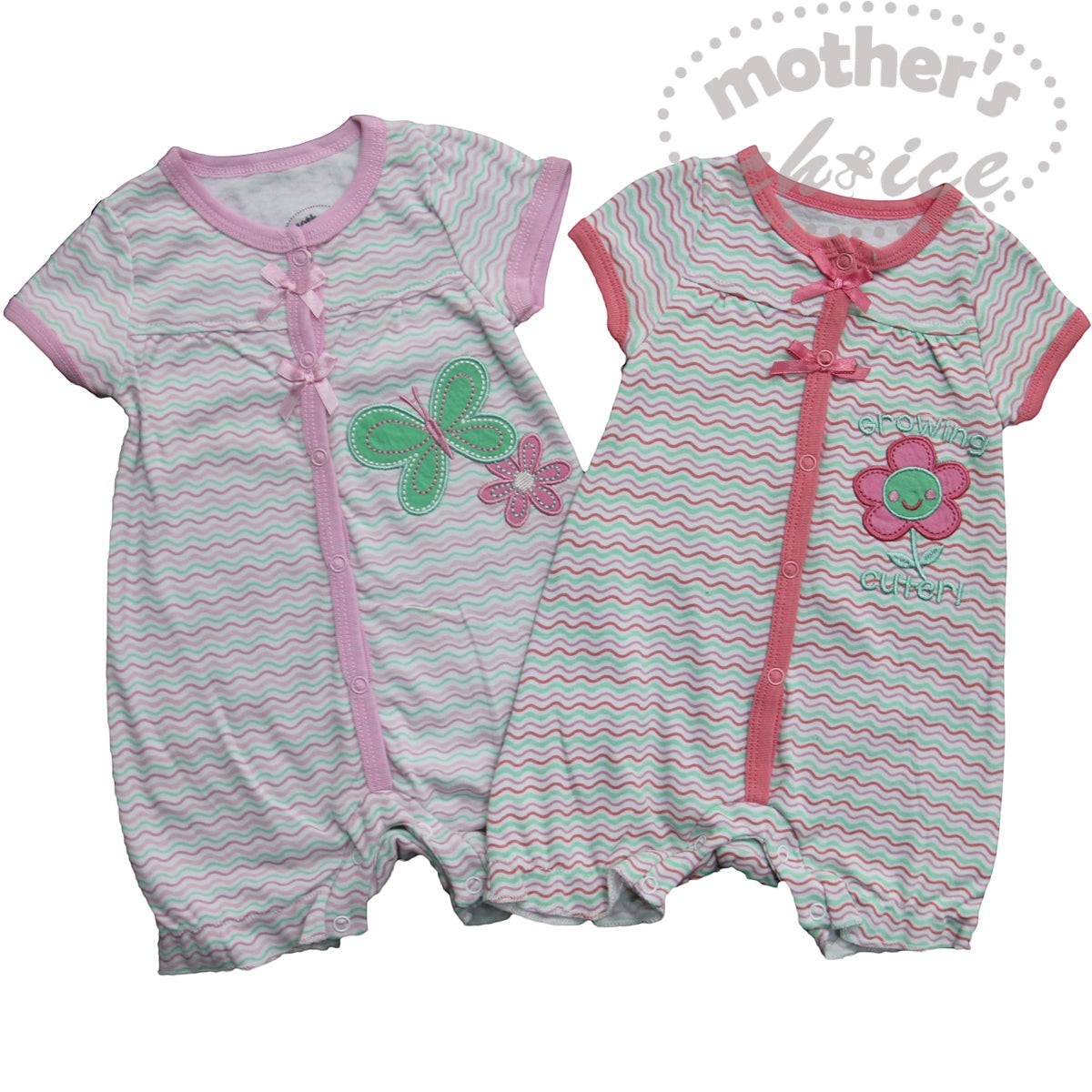 Two baby rompers with floral designs on a white background, branded 'Mother's Luve'.