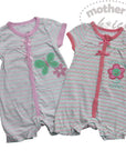 Two baby rompers with floral designs on a white background, branded 'Mother's Luve'.