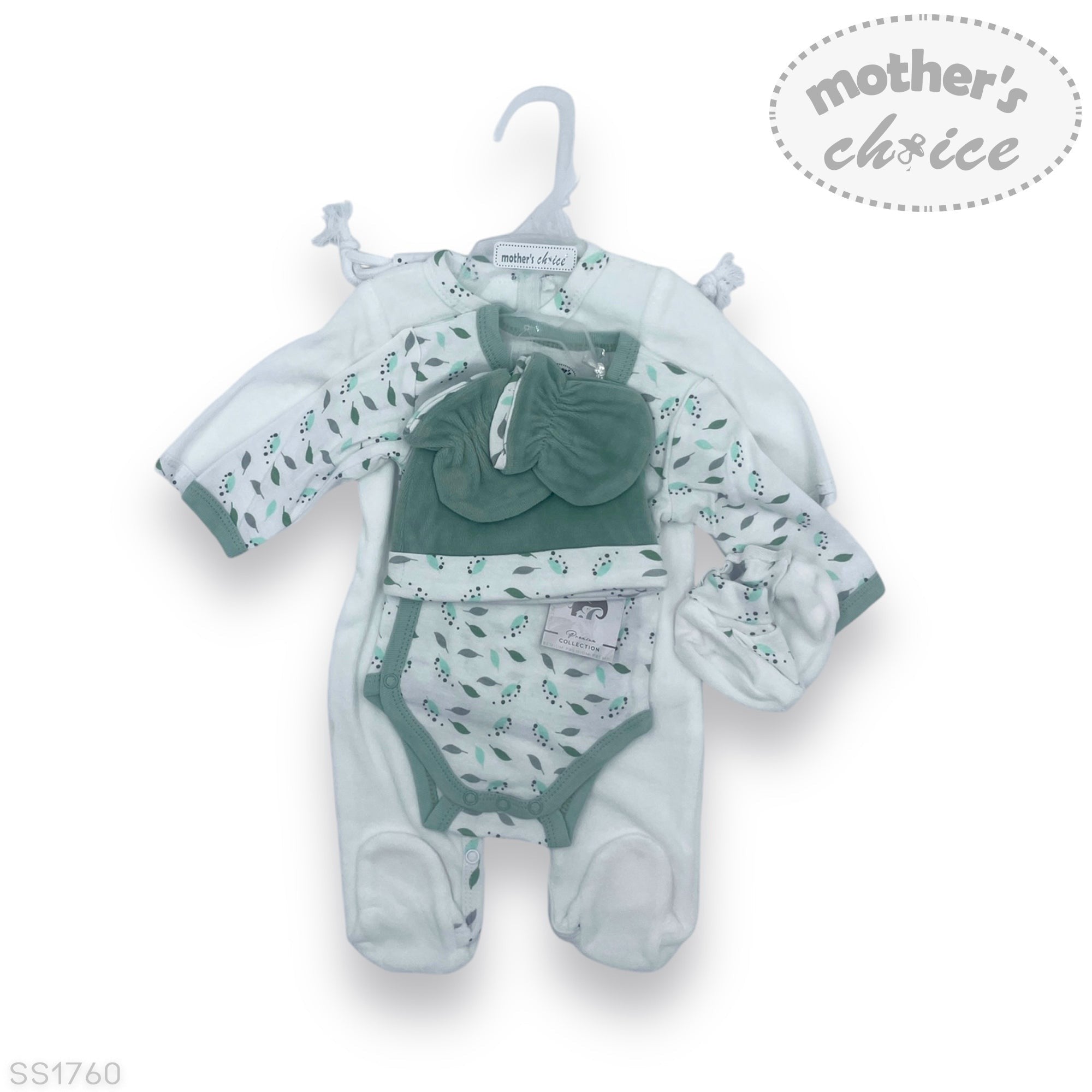 Baby outfit set with onesie, romper, and booties on a hanger with 'Mother's Choice' branding.