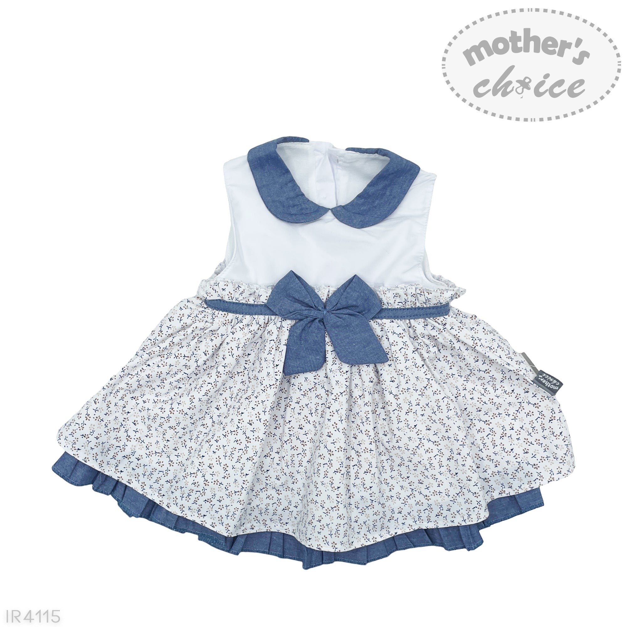 White dress with blue floral pattern and collar, featuring a large bow, on a white background with 'mother's choice' branding.