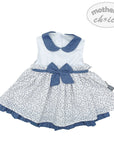 White dress with blue floral pattern and collar, featuring a large bow, on a white background with 'mother's choice' branding.