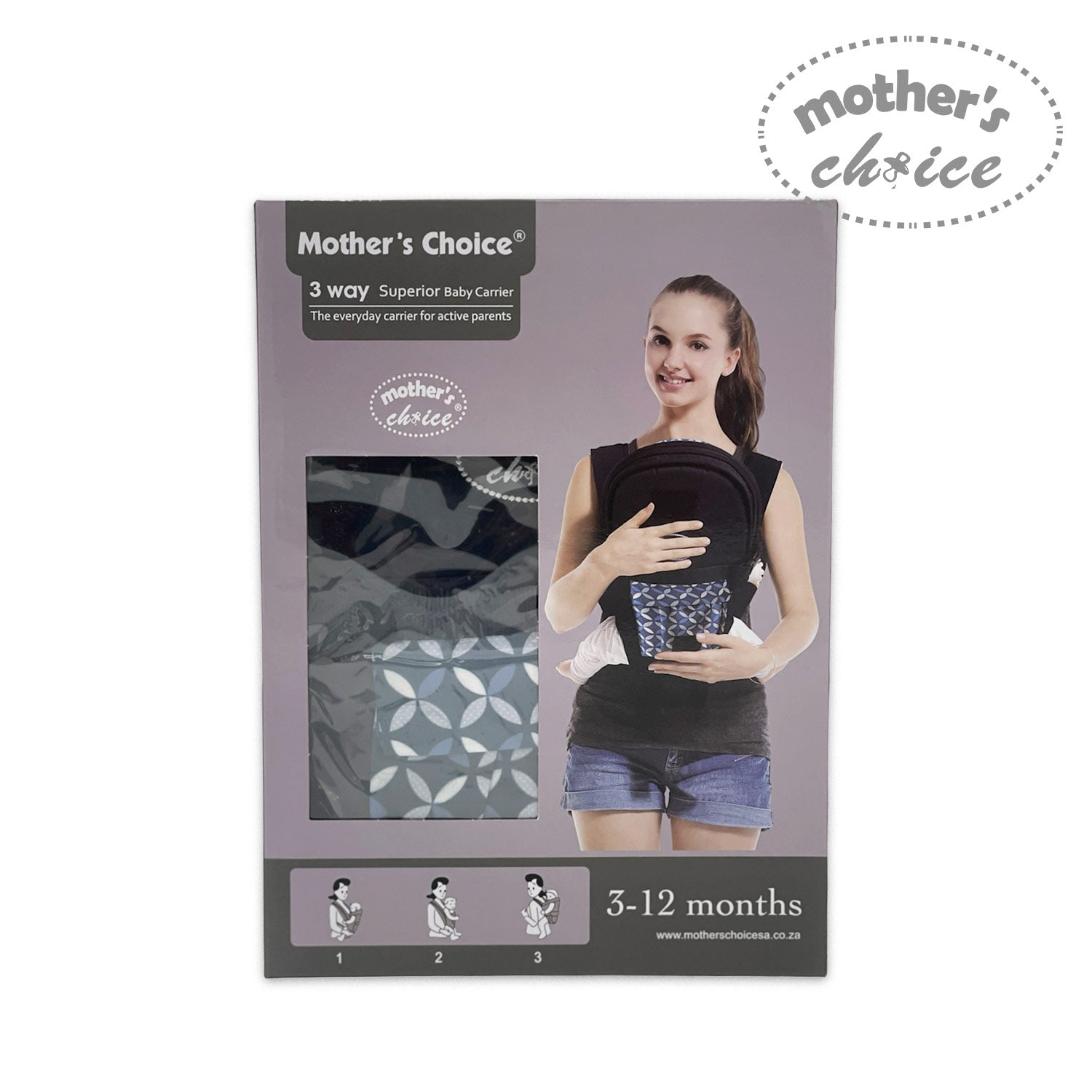 Mothers Choice 3 Way Premium Baby Carriers - Grey - Pattern