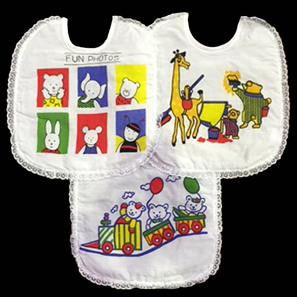 Three baby bibs with colorful cartoon designs on a white background