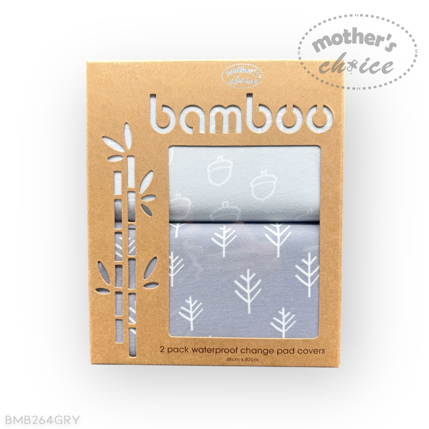 Packaging of bamboo waterproof change pad covers with a tree pattern on a white background.