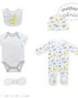 Collection of baby clothing items including a onesie, bib, hat, and footie with animal patterns on a white background.