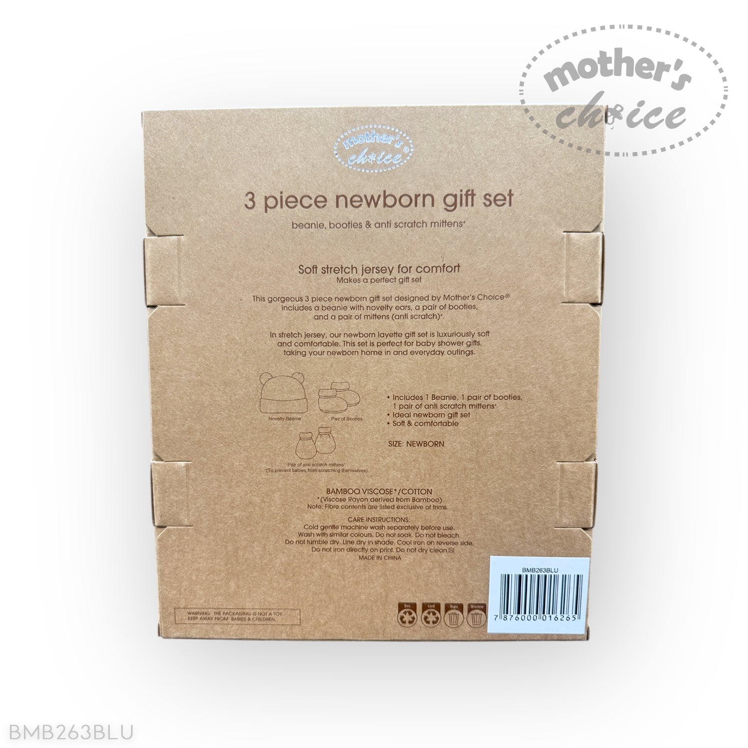 Back of a cardboard box packaging for a 3-piece newborn gift set with 'Mother's Choice' branding.