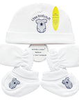 White baby hat, diaper, and booties set with 'Mother's Choice' branding on a white background.