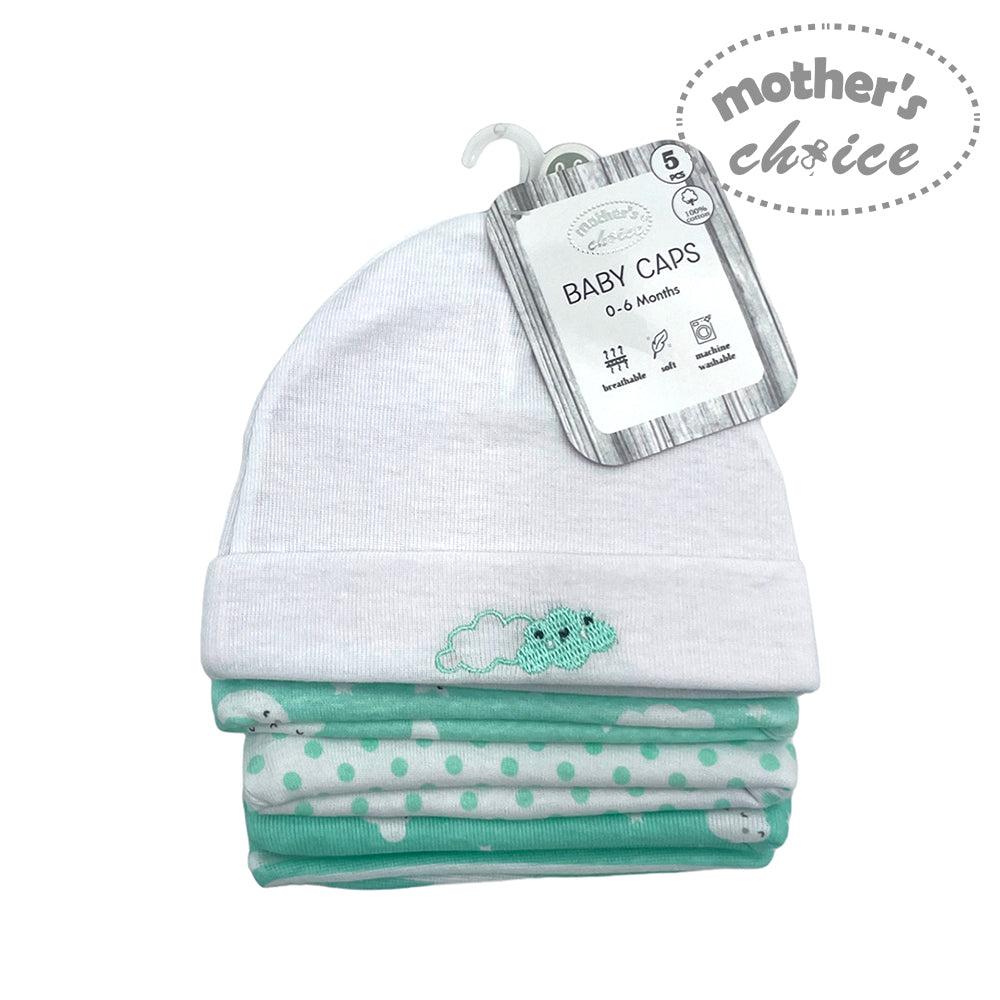 Baby hat with cloud design and matching blanket with polka dots, branded 'Mother's Choice'.