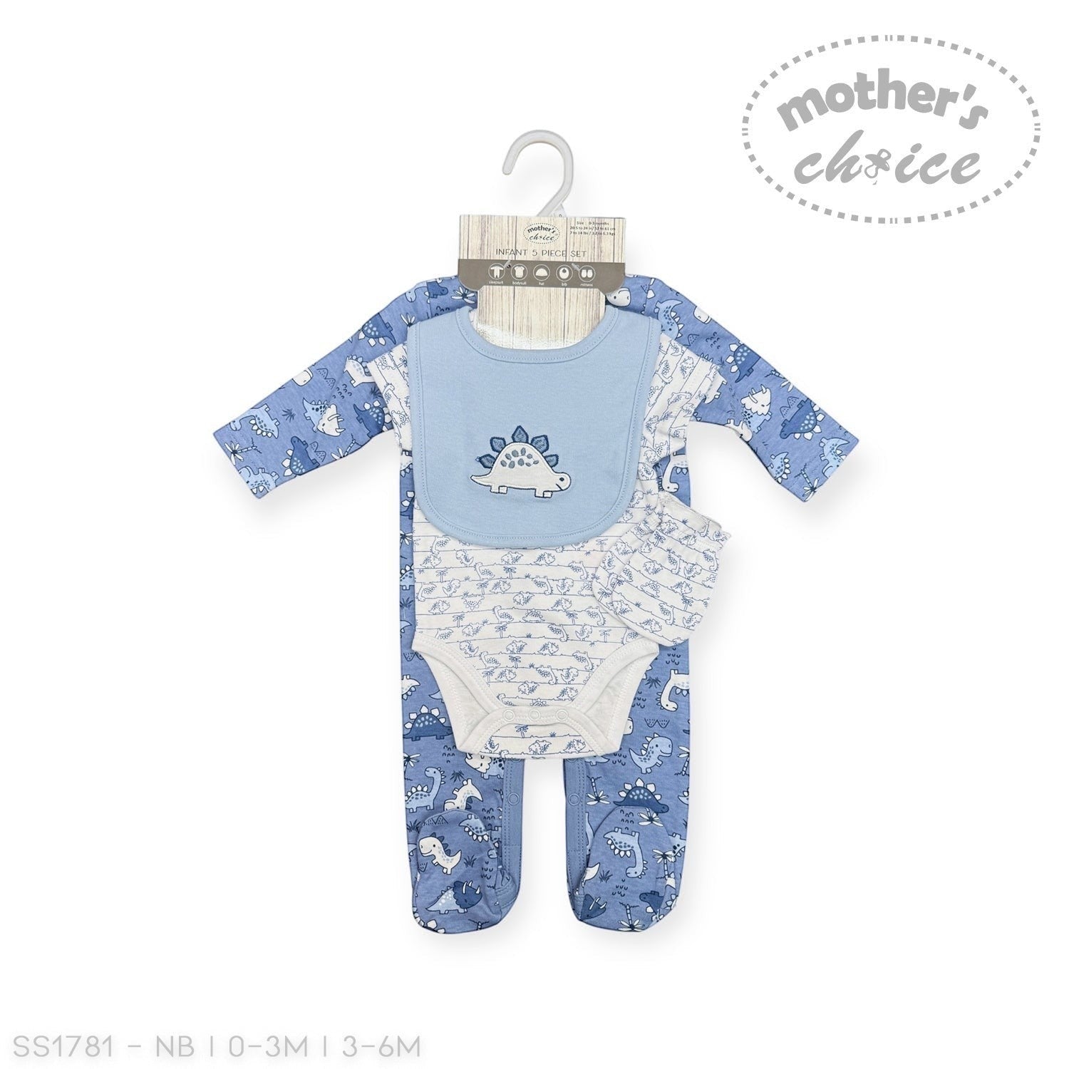 Baby outfit with blue and white design on a hanger against a white background