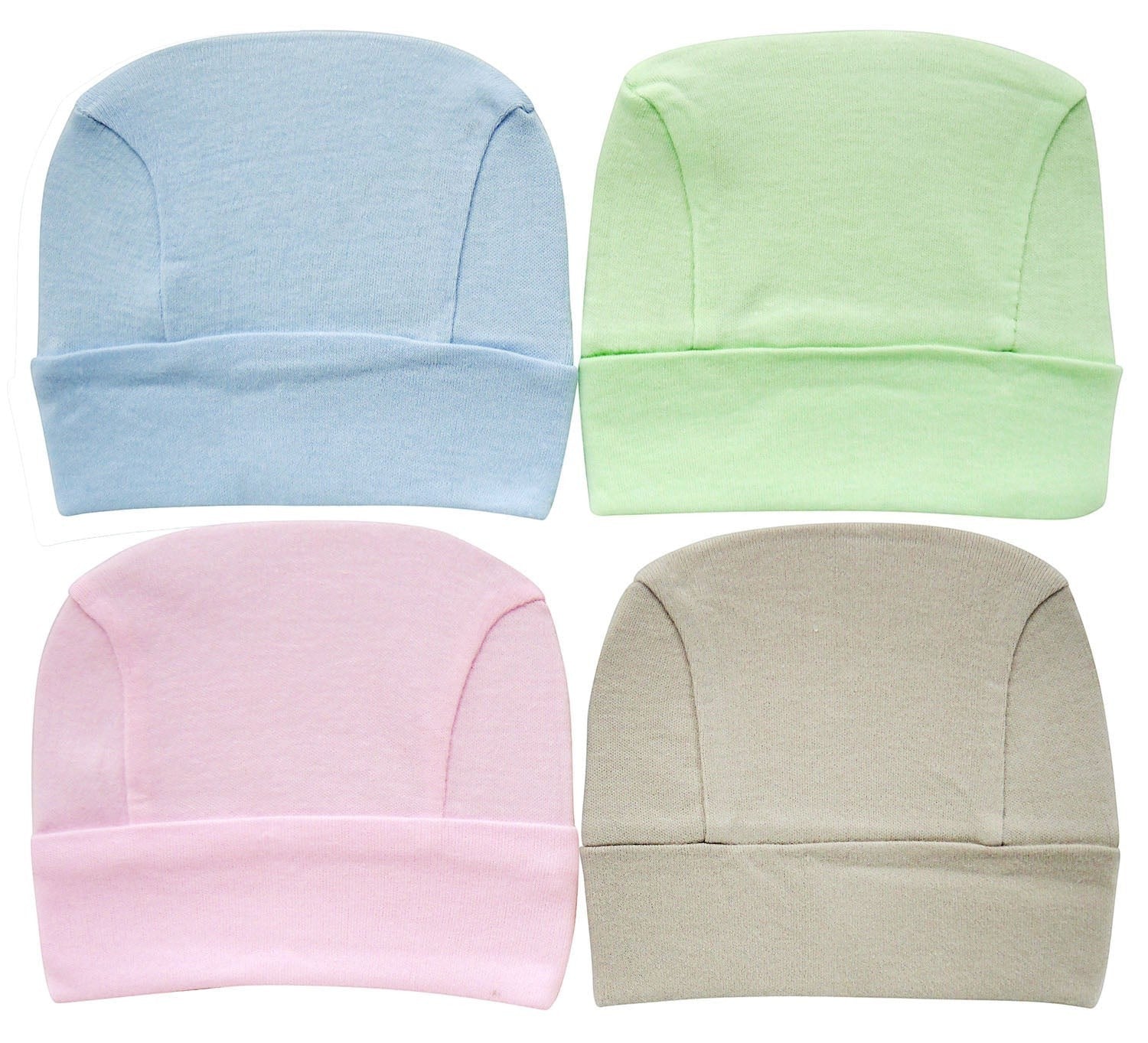 Four baby hats in blue, green, pink, and beige on a white background