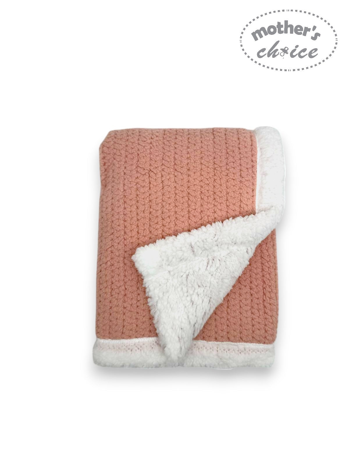 Pink and white blanket with 'Mother's Choice' branding on a white background