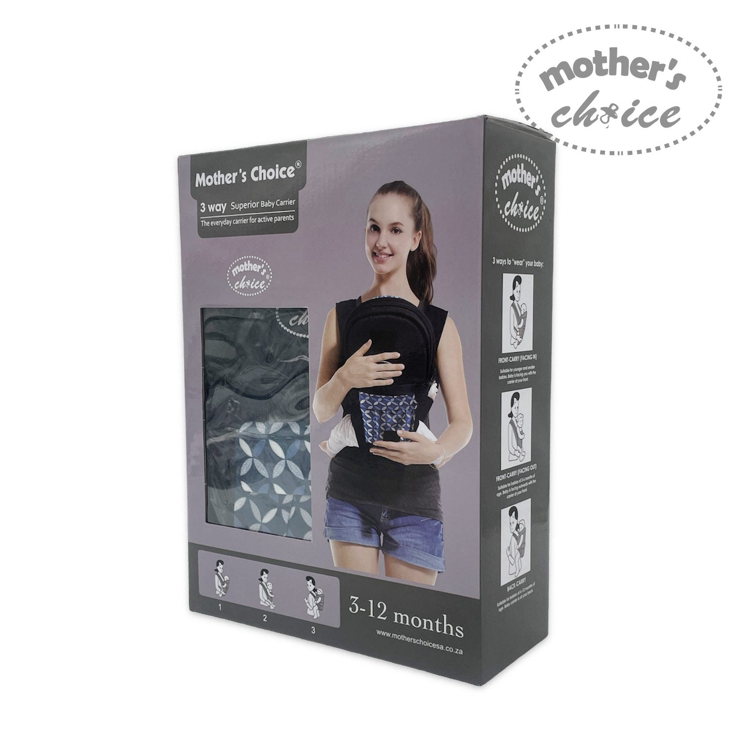 Mothers Choice 3 Way Premium Baby Carriers - Grey - Pattern