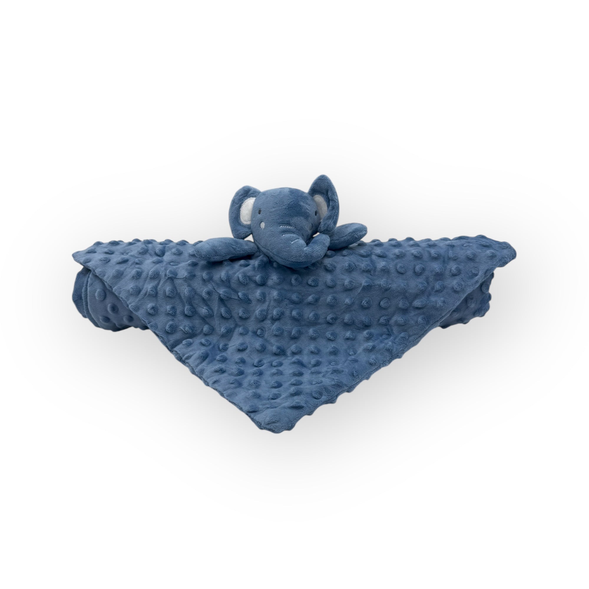 Blue textured blanket with a matching plush toy on a white background