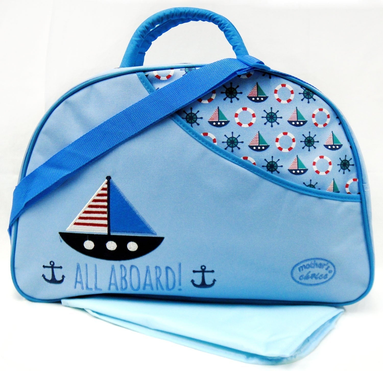 Blue bag with sailboat design and 'All Aboard!' text on a white background