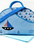 Blue bag with sailboat design and 'All Aboard!' text on a white background